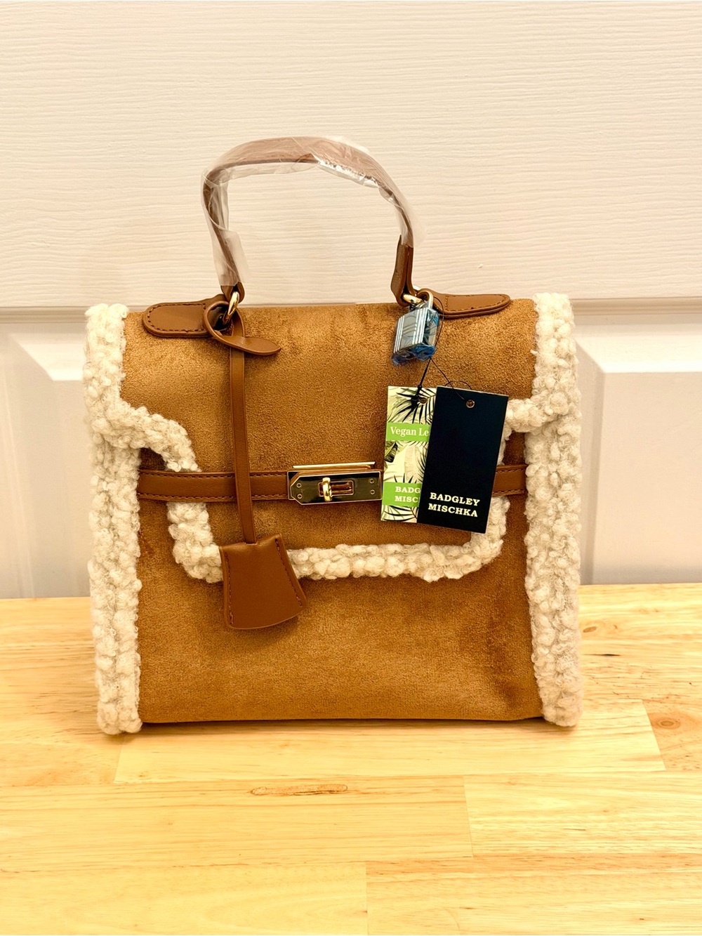 NWT Badgley Mischka Brown Faux Suede Sherpa Trim Satchel Gold Turn-Lock Bag